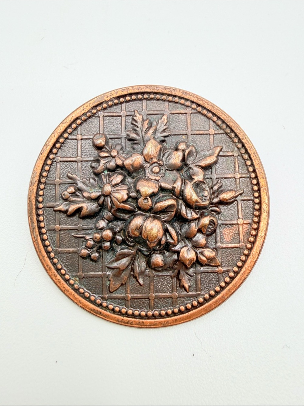 Vintage Copper Tone Floral Bouquet Round Brooch Pin Textured Design